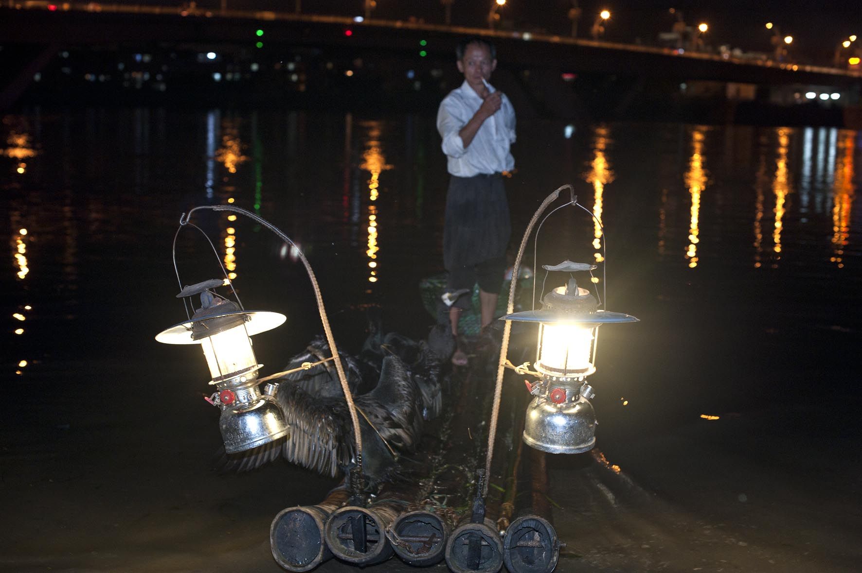 Pesca con cormoránes, pesca nocturna, Guilin, China